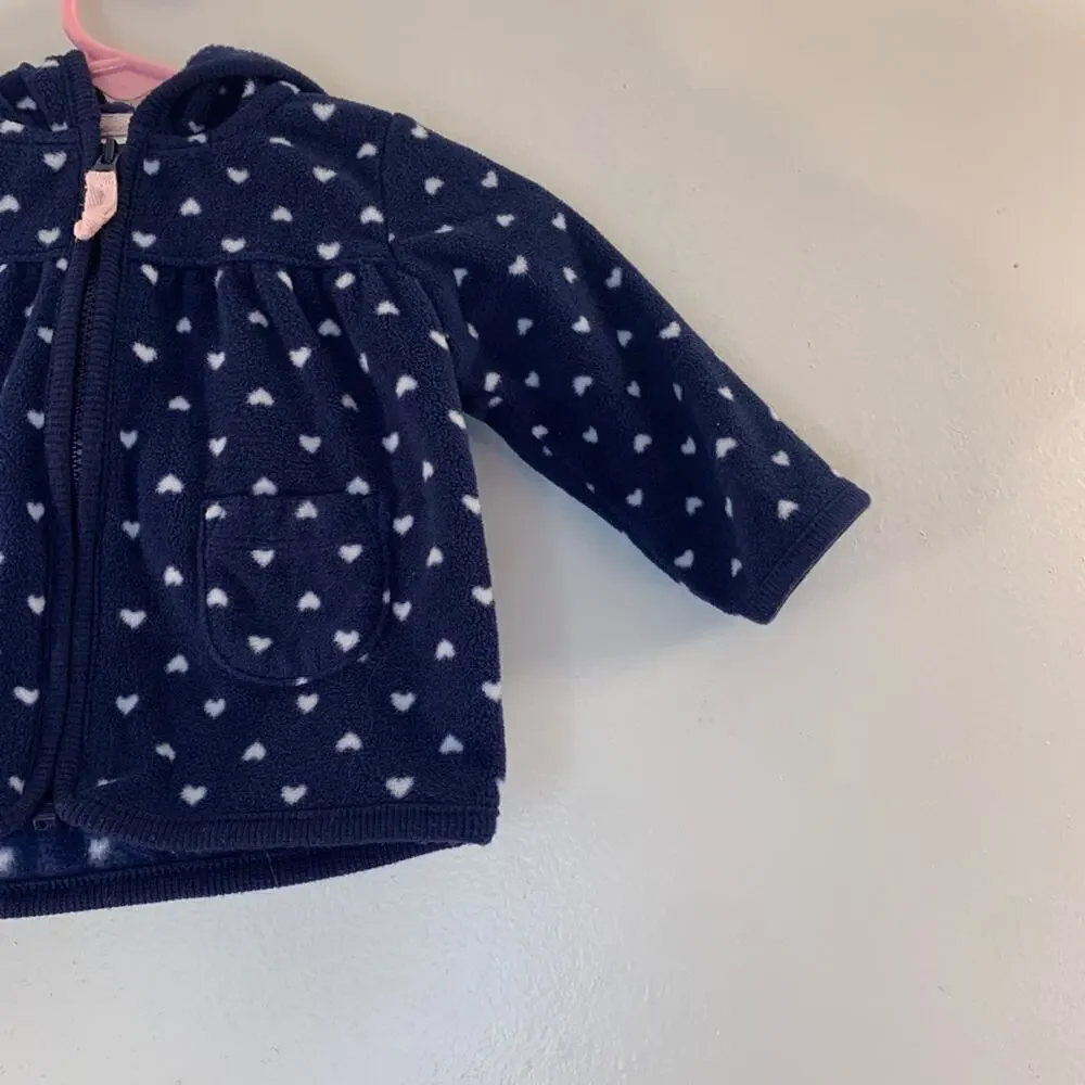 CARTER’S Girl’s Navy with White Hearts Fleece Hooded Zip Up Jacket / Size: 3 Mos